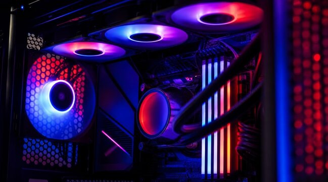 Custom Gaming PC Interior with Vibrant RGB Lighting and Cooling Fans.