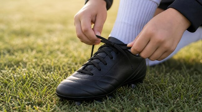 Soccer player tying shoelaces on black football boots on green grass.