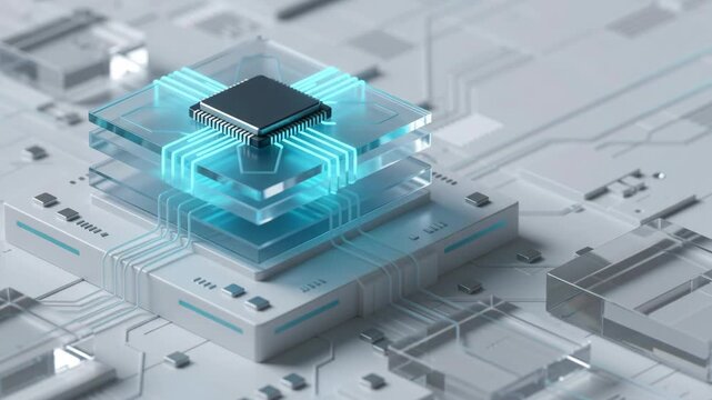 Detailed 3D illustration of microchip module floating in virtual space symbolizing strategic mergers corporate acquisitions and global high-tech finance