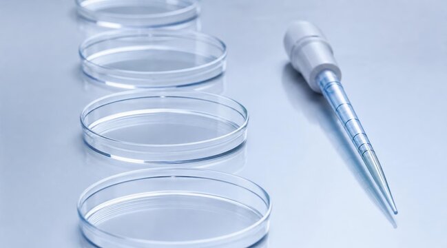 Laboratory glassware with petri dishes and pipette for scientific research.
