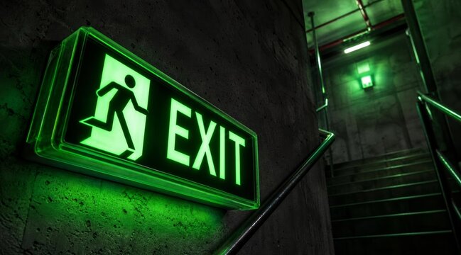 Illuminated green exit sign in a dark industrial staircase.