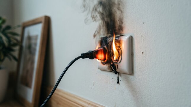 Dangerous electrical outlet sparking with intense flames and thick dark smoke causing a severe fire hazard inside a residential home setting during a sudden blackout