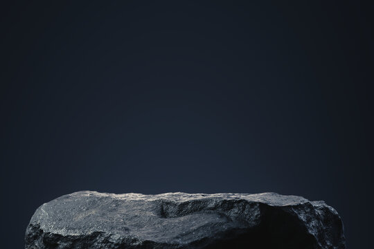 Premium 3D render of black stone podium with sharp rough-cut edges on dark background. Minimalist macro CGI mockup of natural rock display stage for luxury cosmetics, beauty products with copy space.