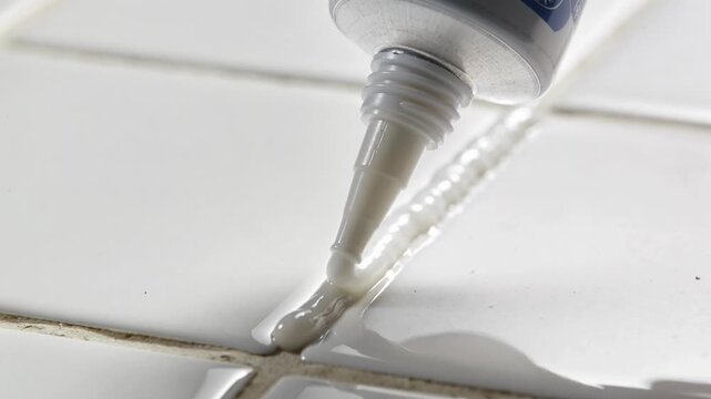 A close-up shot shows a tube applying white sealant into the joints between white ceramic tiles.
