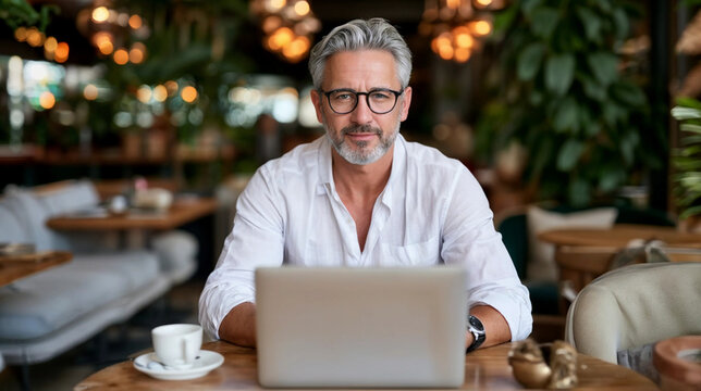 Elderly gray-haired man works on a laptop in an eco-friendly coworking space with greenery. Remote work, pension employment and digital nomad concept. Lifestyle portrait for poster, design