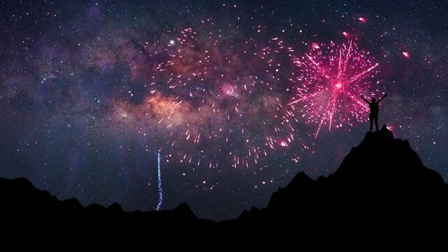 Experience stunning fireworks filling the night sky over mountains, creating vibrant displays of color and light for all to enjoy, celebrating together and making unforgettable memories