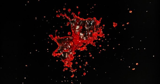 Ultra slow motion blood splash isolated on black background. Realistic liquid droplets ideal for VFX compositing, overlays, horror effects and cinematic action scenes.