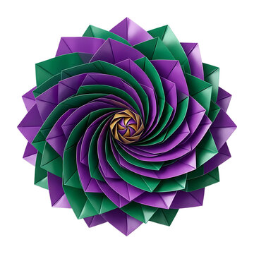 Purple and green paper origami flower with spiral petals isolated on transparent background for creative design projects