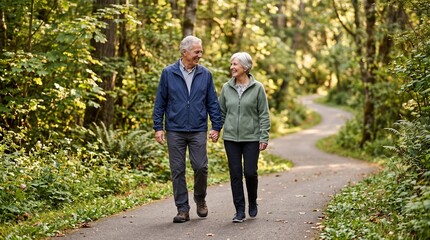 Fototapeta premium Senior couple smiling and holding hands while walking on a paved park trail