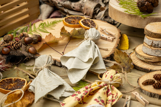 Rustic Autumn Craft Supplies and Handmade Decorations with Dried Oranges, Pinecones and Wood Slices