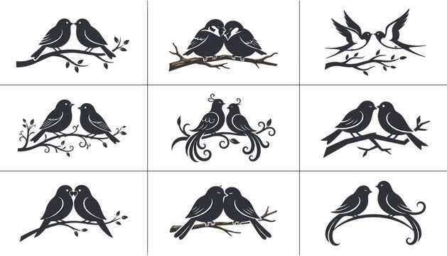 Decorative lovebird couple silhouette icon set with black birds sitting on tree branches for romantic wedding logo design elements isolated on white background