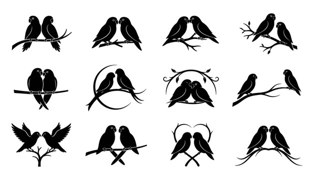 Lovebirds stencil icon set with black silhouette couple of parrots sitting on tree branches for romantic wedding logo design elements isolated on white background