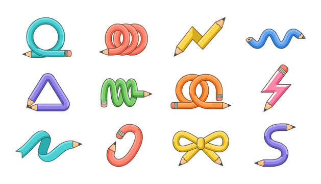  Creative flexible bendy pencil icon set with funny curved shapes spiral circle bow triangle and lightning bolt shapes back to school concept illustration isolated on white