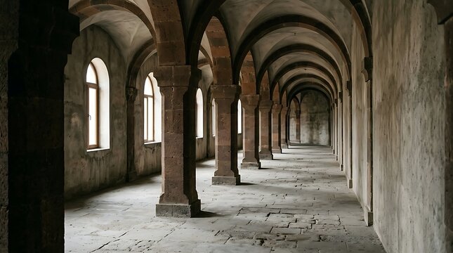 Ancient stone corridor with arched ceiling and columns, medieval architecture