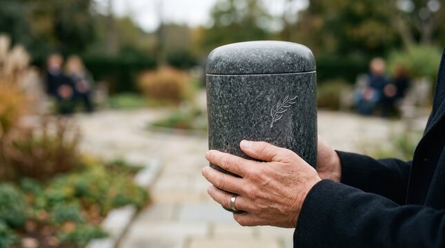 Close-up of hands holding a stone cremation urn with an inscription during a solemn memorial and funeral ceremony.