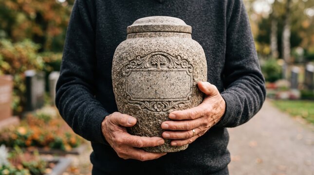 Close-up of hands holding a stone cremation urn with an inscription during a solemn memorial and funeral ceremony.