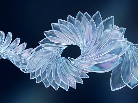Ethereal Translucent Glass Petal Spiral Sculpture Floating Against Deep Cosmic Dark Background with Iridescent Light Reflections