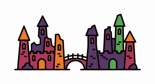 Colorful cartoon medieval castle with stone bridge