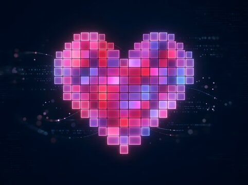 Glowing pixelated digital heart shape composed of vibrant purple, pink, and blue hues against a futuristic binary code backdrop