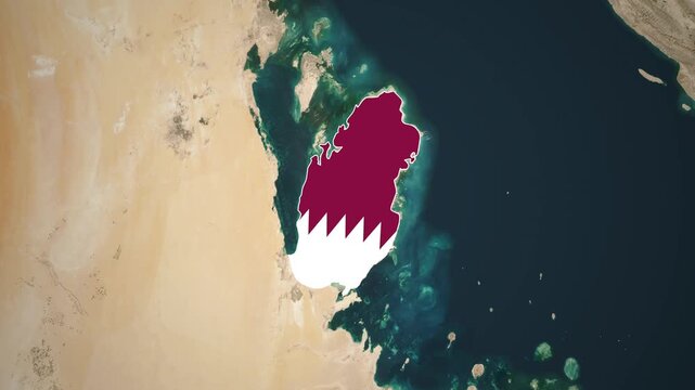 The geographic borders of Qatar are filled with its national flag on an animated satellite map