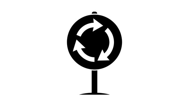 Black and white silhouette illustration of a circular roundabout traffic sign with three rotating arrows on a pole.