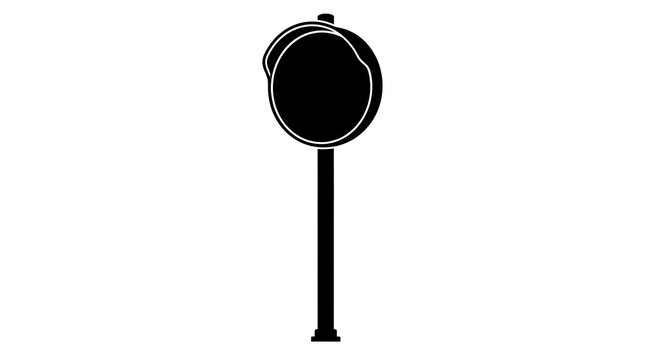 Minimalist black and white silhouette of a round convex traffic mirror on a pole for blind spot road safety.