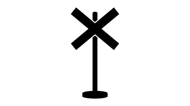 Flat black and white silhouette illustration of an x-shaped crossbuck railroad crossing sign on a pole.