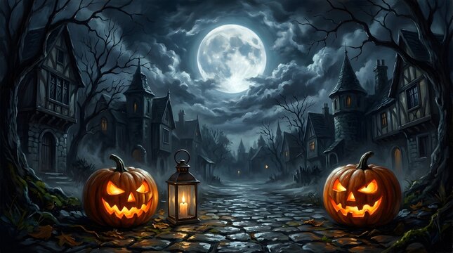 Spooky halloween night scene with jack o lanterns and a dark castle