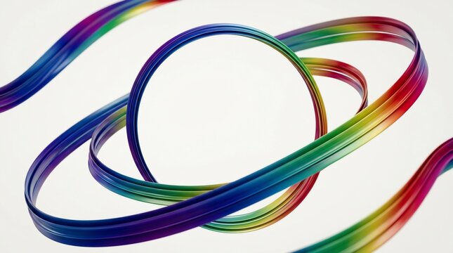 Abstract rainbow ribbon swirling in circular motion against white background
