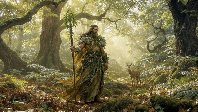 A mythical male nature protector or elven druid in a clothing made of organic materials, leaves and vines, holding a wooden staff in a sun-lit dense enchanted forest, surrounded by wildlife, 