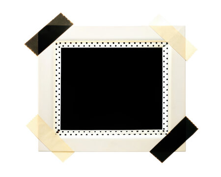 A white square frame border with a black polka dot pattern, attached with four pieces of adhesive tape, isolated on a white background isolated on a transparent background