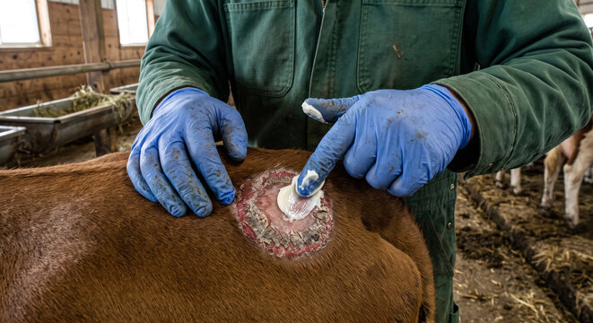 Veterinary specialist applying medicinal cream to fungal ringworm lesion on cattle skin.