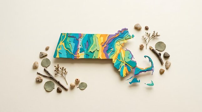 Massachusetts state map crafted from colorful paper