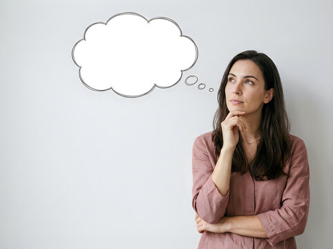 Thoughtful woman with thinking pose and speech bubble