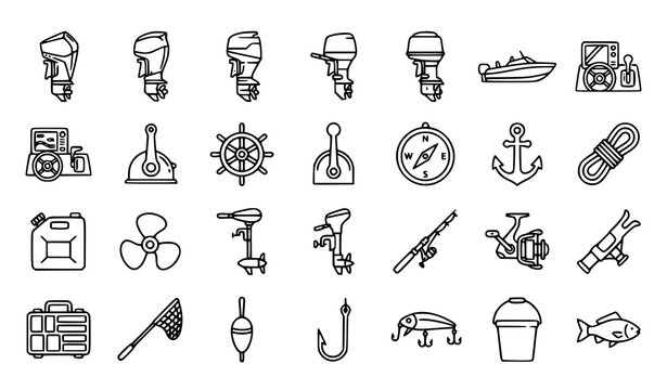 Fishing Boat Motor Sonar and Marine Equipment Outline Icons