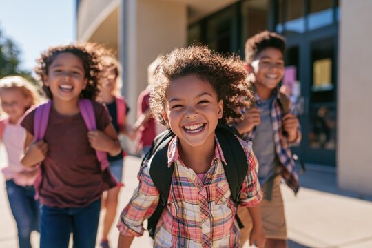 Diverse elementary students laughing running to school outdoors