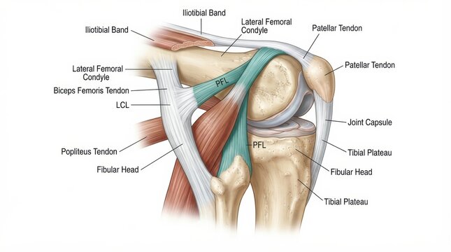 The anatomy of knee and shoulder joints, highlighting tendons and ligaments for educational purposes in sports medicine.