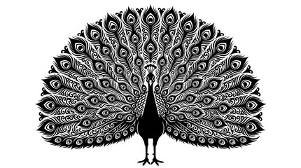 Elegant peacock silhouette featuring intricate feather patterns displayed against a solid plain white background with symmetrical decorative pattern © Abdul
