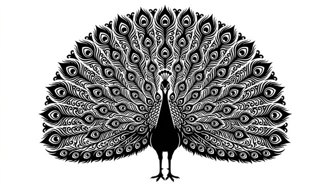 Elegant peacock silhouette featuring intricate feather patterns displayed against a solid plain white background with symmetrical decorative pattern