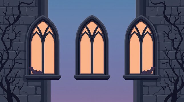 Three gothic arched windows illuminated from within a stone structure