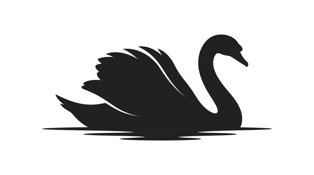 Minimalist black swan silhouette vector graphic floating elegantly across calm water surface isolated white background with swimming gracefully raised