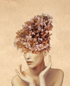 Abstract contemporary art collage portrait of young woman with flowers on sad face
