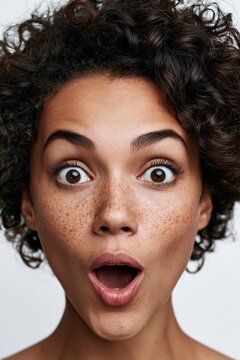 Young woman showing surprise emotion and shock expression
