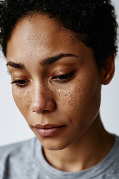 Woman expressing sorrow, crying with emotional tears