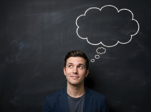 Thoughtful man looking up with thinking cloud