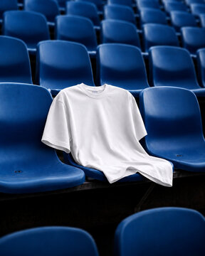 Blank White T-Shirt Mockup on Blue Stadium Seats