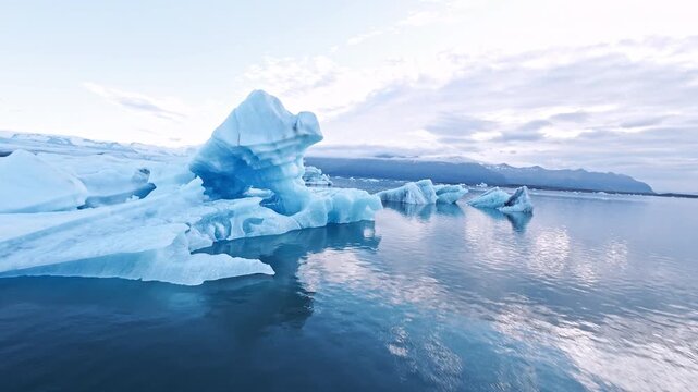 Dynamic FPV drone flight skimming above and between deep glacier crevasses on glacier, Iceland. Cinematic aerial footage revealing blue ice formations and dramatic glacial landscape.