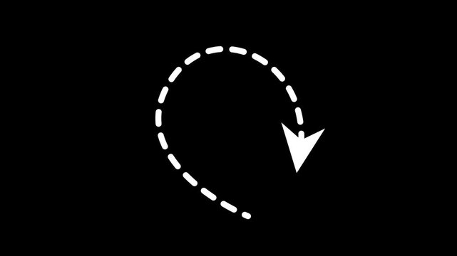 Animated white dashed curved arrow path arc direction indicator graphic no background full regulation animation