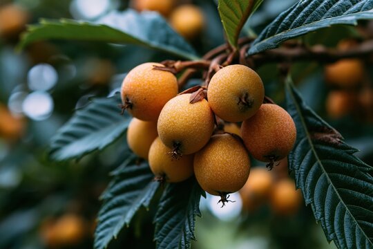 Ripening loquats hanging on a fruit tree branch