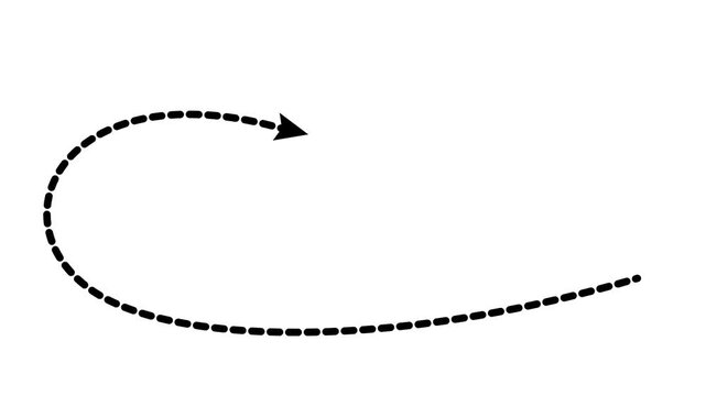 Animated black dashed curved arrow path route arc line direction pointer graphic on white background .